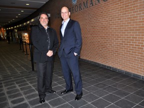 Paul Rivard (left) and Chris Drew, two of the organizers behind The London Beatles Festival, in front of the Wolf Performance Hall in London Ont. April 29, 2016. CHRIS MONTANINI\LONDONER\POSTMEDIA NETWORK