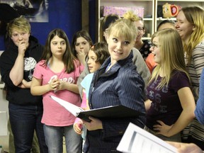 The cast of VTP’s Les Misérables rehearse a song during a Tuesday night rehearsal. They will perform the musical May 19 and 20 at Lakeland College’s Alumni Theatre.