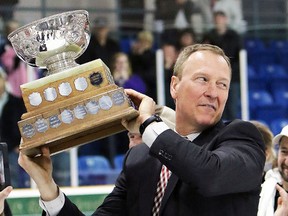 TGH coach Jerome Dupont with the Buckland Cup. The ex-Leaf leads the team into the Dudley Hewitt Cup championship Tuesday in Kirkland Lake. (OJHL Images)