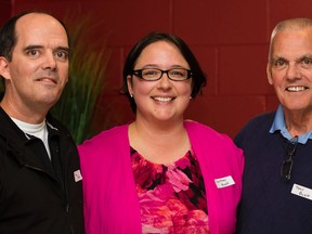 The Bush family, from left, son Tom, daughter-in-law Courtney and husband Tony, represent late curler Betty Bush, a 2016 Kingston and District Sports Hall of Fame inductee, at a media luncheon on April 26.
(Nick Tardif/For The Whig-Standard)