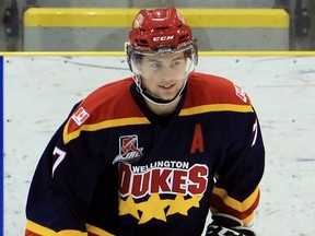 Wellington Dukes star Luc Brown, who led the Ontario Junior Hockey League in scoring this season, is among five finalists for the CJHL’s Most Valuable Player Award and the Top Forward Award. (Ed McPherson/OJHL Images)