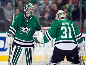 Dallas Stars goalie Antti Niemi replaces goalie Kari Lehtonen in net during the third period against the Carolina Hurricanes at the American Airlines Center in Dallas on Dec. 8, 2015. (Jerome Miron/USA TODAY Sports)