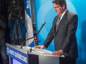 Parti Quebecois leader Pierre-Karl Peladeau announces his resignation at a news conference, Monday, May 2, 2016 in Montreal.THE CANADIAN PRESS/Ryan Remiorz