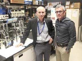 Dr. Stephen Vanner, left, director of the gastrointestinal research unit at Kingston General Hospital, and Dr. David Reed, in one of the KGH labs, are involved in a major gastrointestinal research study. (Michael Lea/The Whig-Standard)