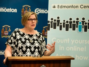 Laura Kennedy, director of elections and corporate records, provides an update on the City of Edmonton's census at city hall, in Edmonton Alta. on Monday May 2, 2016. (David Bloom photo)