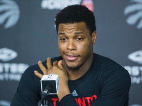 Raptors' Kyle Lowry speaks at a news conference on Monday. (Ernest Doroszuk/Toronto Sun)