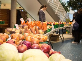 Produce was recently displayed for sale in Bluewater Health's atrium in Sarnia, during a pilot for a monthly farmers' market at the hospital. The market, resuming this month, is expected to benefit Bluewater Health's clinical nutrition and diabetes program. (Handout)