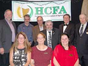 The Huron County Federation of Agriculture's 75th Anniversary Gala was held April 9, 2016 in Goderich. Past HCFA Presidents posed for a photo. Back L-R: Henry Boot (1997&1998), Charles Regele (2001 & 2002), Nick Whyte (2005 & 2006), Neil Vincent (2003 & 2004), Stephen Thompson (1995 & 1996/2007 & 2008), Marinus Bakker (2011 & 2012). Front: Carol Leeming (2013 & 2014), Brenda McIntosh (1991 & 1992), Joan Vincent (2015 & 2016). Present at Gala, missing from photo: Wayne Black (2009 & 2010), Paul Klopp (1987 & 1988) and numerous past HCFA directors.