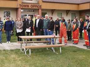 Town employees and councillors gathered on Thursday morning for a moment of silence in honour of those lost or injured at the work place. Councillor Lorne Jackson spoke briefly of his personal experiences. | Jocelyn Doll photo/Pincher Creek Echo