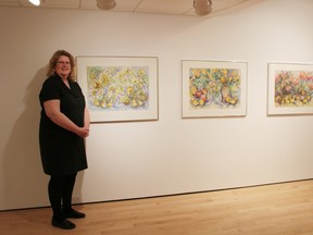 Mary Reid, curator of the Woodstock Art Gallery, in a new exhibit showcasing 12 new watercolours done by local artist Joanne Vegso. This weekend Vegso will be at the gallery for an artist talk. (MEGAN STACEY, Sentinel-Review)