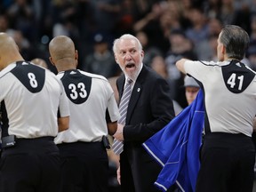 San Antonio Spurs head coach Gregg Popovich argues with officials after the team's loss to the Oklahoma City Thunder in Game 2 of a second-round NBA basketball playoff series, Monday, May 2, 2016, in San Antonio. Oklahoma City won 98-97. (AP Photo/Eric Gay)