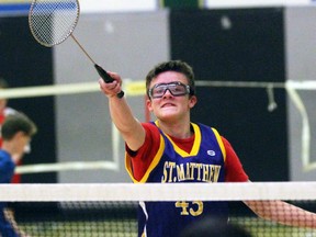 Luc Lacroix of St. Matthew returns serve during a Grade 7 and 8 doubles badminton tournament at St. Pat's on Monday May 2, 2016 in Sarnia, Ont. Nine Catholic elementary schools from Lambton County participated in the doubles-only event featuring two girl's and two boy's teams from each school. (Terry Bridge, The Observer)