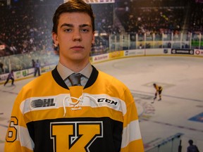 Nathan Dunkley, the Kingston Frontenacs’ first-round draft choice in April, at his contract signing at the Rogers K-Rock Centre on Tuesday. (Nick Tardif/For The Whig-Standard)