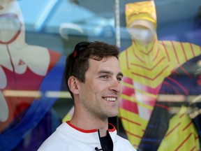 Four-time Olympic medallist Denny Morrison talks with the media at the Olympic Oval May 3, 2016. (Leah Hennel/Postmedia Network)