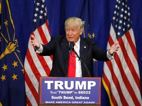 Republican presidential candidate Donald Trump speaks during a campaign stop Monday, May 2, 2016, in South Bend, Ind. (AP Photo/Charles Rex Arbogast)