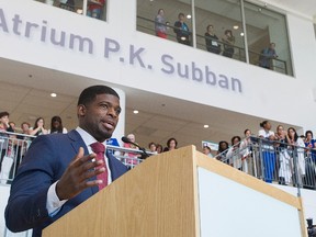 Montreal Canadiens defenceman P.K. Subban smiles during a press conference at the Children's Hospital in Montreal, Wednesday, September 16, 2015, where he announced that his foundation would pledge $10-million to the hospital over the next seven years. (THE CANADIAN PRESS/Graham Hughes)