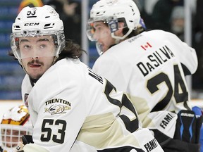 Josh Allan (53) scored the winner for the Trenton Golden Hawks in Game 1 of the Dudley Hewitt Cup, Tuesday in Kirkland Lake. (OJHL Images)