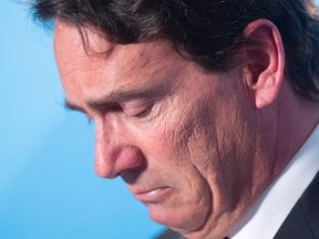 Parti Quebecois leader Pierre Karl Peladeau announces his resignation at a news conference Monday, May 2, 2016 in Montreal. (THE CANADIAN PRESS/Ryan Remiorz)