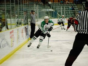 Portage Terriers forward Chase Brakel carries the puck during the Portage Terriers 3-2 overtime loss to the West Kelowna Warriors at the Western Canada Cup in Estevan Sask., on Tuesday, May 2, 2016. HEATHER JORDAN/Postmedia Network