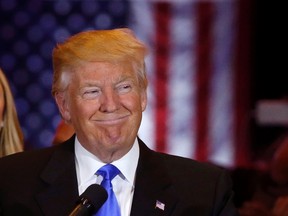 Republican U.S. presidential candidate Donald Trump smiles as he speaks at the start of a campaign victory party at Trump Tower in Manhattan, N.Y., on May 3, 2016. (REUTERS/Lucas Jackson)