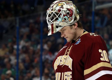 THATCHER DEMKO, USA: Jacob Markstrom is starting in net for Sweden, but Demko, who might not see as much time behind Mike Condon and Keith Kinkaid, is the Vancouver Canucks' goalie of the future. The Boston College star won the Mike Richter Award this season as the most outstanding goalie in NCAA. (Kim Klement/USA TODAY Sports)