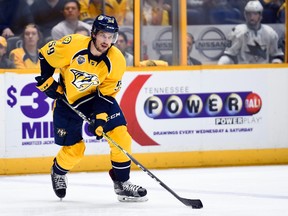 Nashville Predators defenceman Roman Josi skates with the puck during the first period against the San Jose Sharks in Game 3 of the second round of the NHL playoffs at Bridgestone Arena in Nashville on May 3, 2016. (Christopher Hanewinckel/USA TODAY Sports)