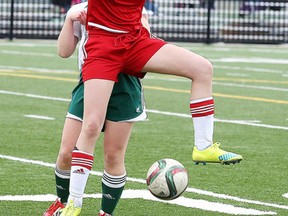 St. Charles Cardinals girls soccer team member Emma  Dionne in action against the Confederation Chargers in Sudbury, Ont. on Wednesday May 4, 2016. Gino Donato/Sudbury Star/Postmedia Network