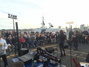 Country music duo The Lovelocks perform for troops on the HMCS Fredericton off the southern coast of France. (Supplied)