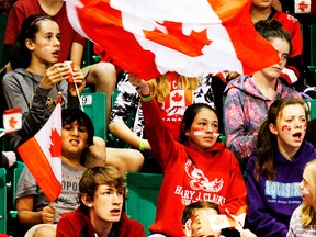 Fans cheer for Canada during Day 1 of the IFF U19 women's floorball world championships Wednesday at Yardmen Arena. (Emily Mountney-Lessard/The Intelligencer)