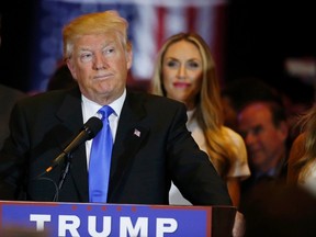 Republican U.S. presidential candidate and businessman Donald Trump pauses as he speaks to supporters after his rival, Senator Ted Cruz, dropped out of the race for the Republican nomintion following the results of the Indiana state primary, at Trump Tower in Manhattan, New York, U.S., May 3, 2016. REUTERS/Lucas Jackson