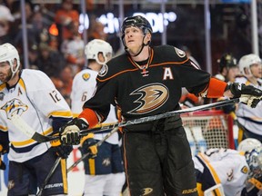 Anaheim Ducks' right wing Corey Perry (10) skates away in the closing seconds of the Ducks loss to the Nashville Predators of Game 7 of their first-round series in Anaheim, Calif., April 27, 2016. (THE CANADIAN PRESS/AP, Michael Goulding-The Orange County Register)