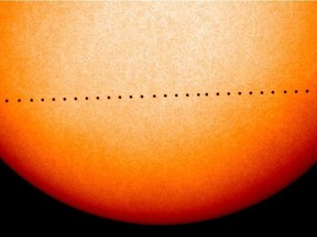NASA depiction of what the transit of Mercury will look like, as a time lapse image.