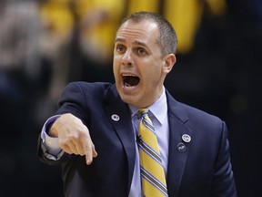Indiana Pacers head coach Frank Vogel shouts instructions during Game 6 of an NBA first-round playoff series against the Toronto Raptors Friday, April 29, 2016, in Indianapolis. (AP Photo/Darron Cummings)