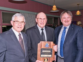 Former Goderich Mayor Deb Shewfelt was the fourth person ever to receive the Melvin Jones Fellowship from the Lions Club. Pictured here from left to right, President Bob Robson, Deb Shewfelt and John Grace. (Contributed photo)