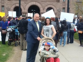 Submitted Photo
Prince Edward-Hastings MPP Todd Smith stands beside parent Sue Jamjekian at a Queen's Park rally on Thursday. The rally was to protest a change in the provincial government's autism strategy which includes a cut-off of five-years-old for Intensive Behavioural Intervention (IBI) for young children diagnosed with autism.