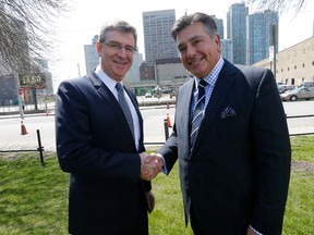 George Soleas, Acting president and CEO of the Liquor Board of Control and Ontario Finance Minister Charles Sousa at announcement of sale of Queen's Quay LCBO property for $260 Million in Toronto, Ont. on Thursday May 5, 2016. Michael Peake/Toronto Sun/Postmedia Network