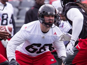 Offensive lineman Nolan MacMillan during the final day of the RedBlacks mini-camp at TD Place in Ottawa on April 26, 2016. (Errol McGihon)