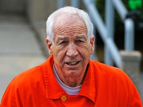 Former Penn State University assistant football coach Jerry Sandusky leaves the Centre County Courthouse after a hearing of arguments on his request for an evidentiary hearing as he seeks a new trial in Bellefonte, Pa., on Monday, May 2, 2016. (Gene J. Puskar/AP Photo)