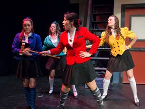 Veronica, played by Laura Martineau, left, is confronted by The Heathers ? played by Alicia D?Ariano, Elena Reyes and Jesslyn Hodgson ? in Heathers: The Musical. (CRAIG GLOVER, The London Free Press)