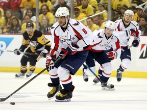 Washington Capitals left winger Alex Ovechkin skates with the puck against the Pittsburgh Penguins during the second period in Game 4 of the second round of the NHL playoffs at the CONSOL Energy Center in Pittsburgh on May 4, 2016. (Charles LeClaire/USA TODAY Sports)
