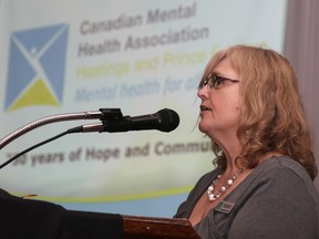Tim Miller/The Intelligencer
Sandie Sidsworth, executive director of the Canadian Mental Health Association Hastings and Prince Edward (CMHA-HPE) branch, speaks during the organization’s 30th anniversary celebration on Thursday in Belleville.