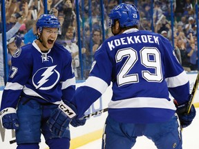 Tampa Bay Lightning left winger Jonathan Drouin celebrates after scoring a goal against the New York Islanders during the first period of Game 2 of the second round of the NHL playoffs at Amalie Arena in Tampa on April 30, 2016. (Kim Klement/
USA TODAY Sports)