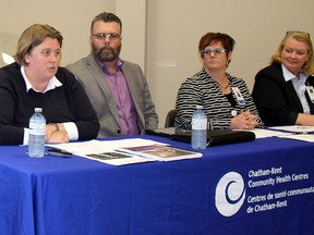 Local health care officials, from left, Sarah Padfield, chief operating officer for the Chatham-Kent Health Alliance, Alan Stevenson, chief executive officer of the Canadian Mental Health Association, Lambton-Kent, Sherri Saunders, integrated executive director of the Chatham-Kent Community Health Centres, and Willi Kirenko, CKHA vice-president and chief nursing executive, outline a plan for a single system of care during a media conference in Wallaceburg, Ont. on Thursday May 5, 2016. (Ellwood Shreve/Chatham Daily News/Postmedia Network)
