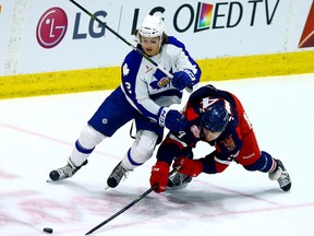 William Nylander, seen here competing with Nick Jensen of the Grand Rapids Griffins, missed Game 1 of the Marlies’ series against the Albany Devils with flu-like symptoms. (DAVE ABEL/Toronto Sun)
