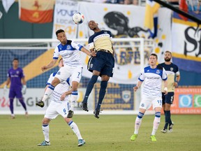 Christian Raudales, seen here going up for a header against an Armada opponent, could be out long-term with an injury sustained in the first half of Wednesday's game. (Supplied)