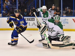 Dallas Stars goalie Kari Lehtonen makes a save against the St. Louis Blues during the second period in Game 4 of the second round of the NHL playoffs at Scottrade Center in St. Louis on May 5, 2016. (Jasen Vinlove/USA TODAY Sports)