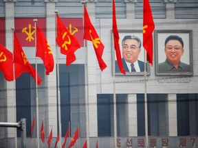 Pictures of former North Korean leaders Kim Il Sung and Kim Jong Il decorate the April 25 House of Culture, venue of the Workers' Party of Korea (WPK) congress in Pyongyang, North Korea May 6, 2016.  REUTERS/Damir Sagolj