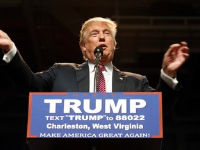 Republican presidential candidate Donald Trump gestures during a rally in Charleston, W.Va., Thursday, May 5, 2016. (AP Photo/Steve Helber)