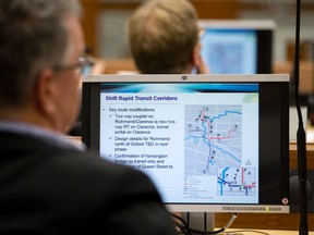 A city staffer listens to a presentation about rapid transit during a Strategic Priorities and Policy Committee meeting at city hall in London, Ont. on Thursday May 5, 2016. (Free Press file photo)
