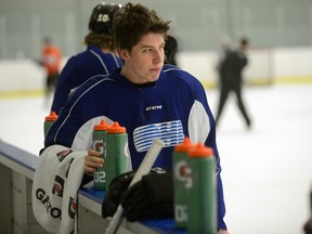 London Knight forward Mitch Marner takes a break during practice at the Western Fair District Sports Centre for practice on Wednesday May 4, 2016. (MORRIS LAMONT, The London Free Press)